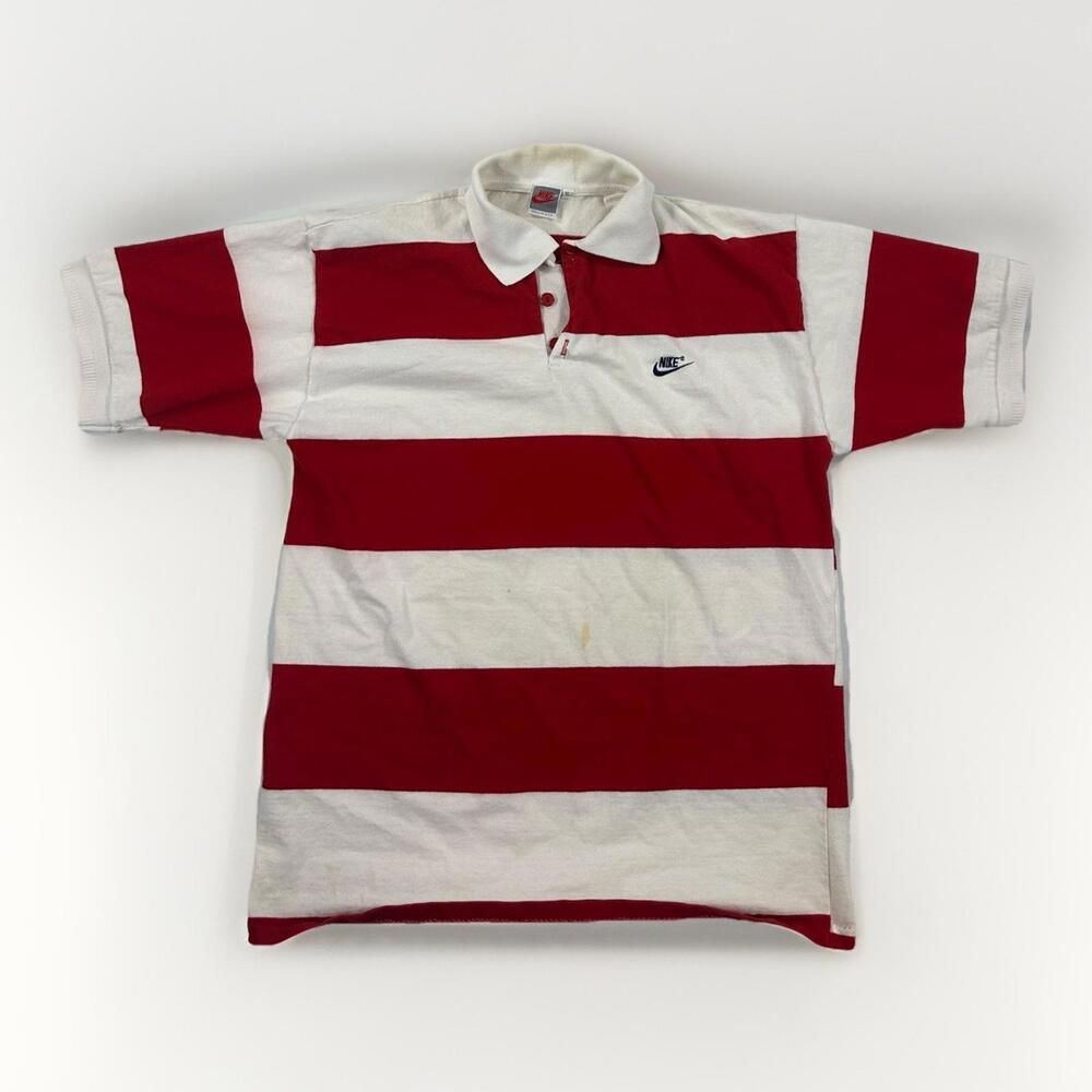 Vintage Nike Made In USA Red White Striped Swoosh Logo Men's Polo Shirt Size XL